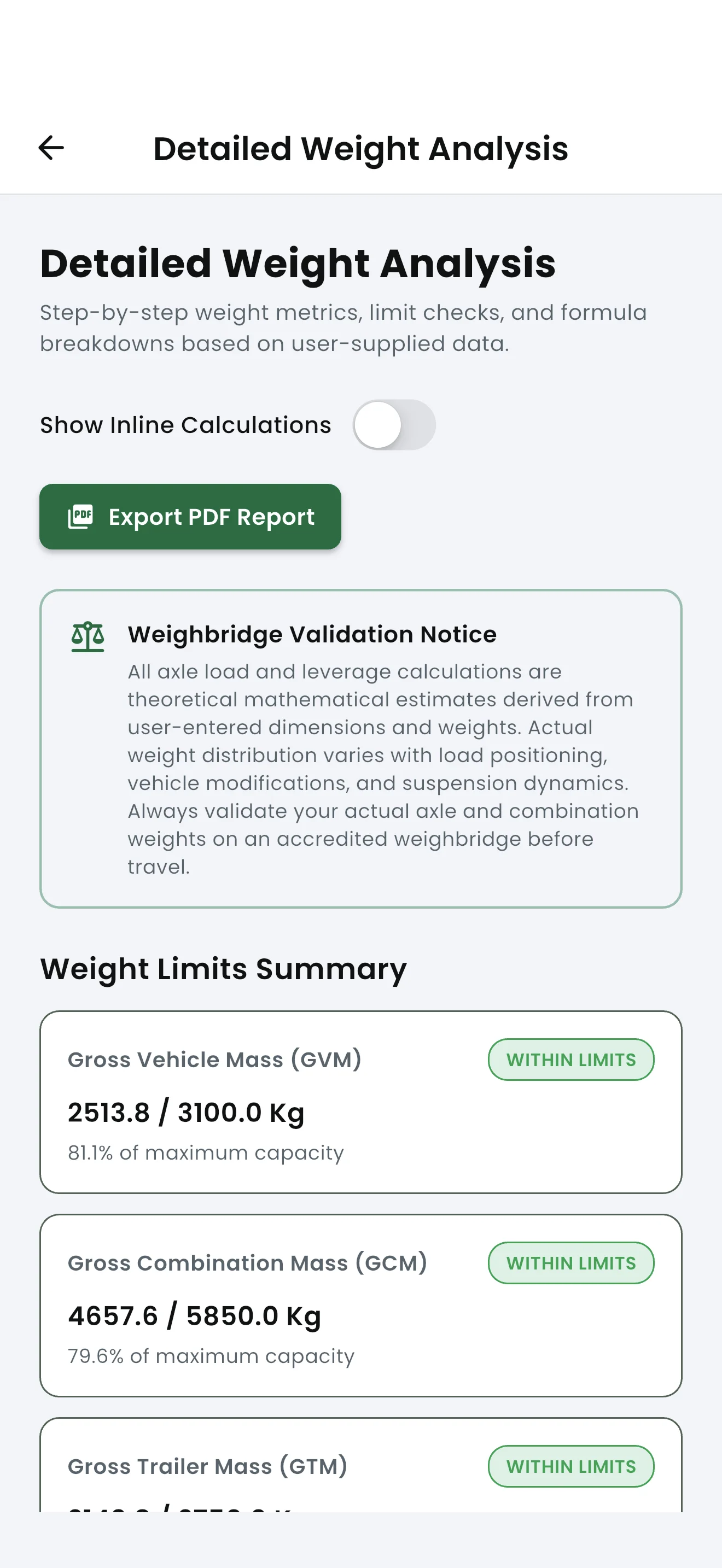 Live 5-gauge weight limit status screen