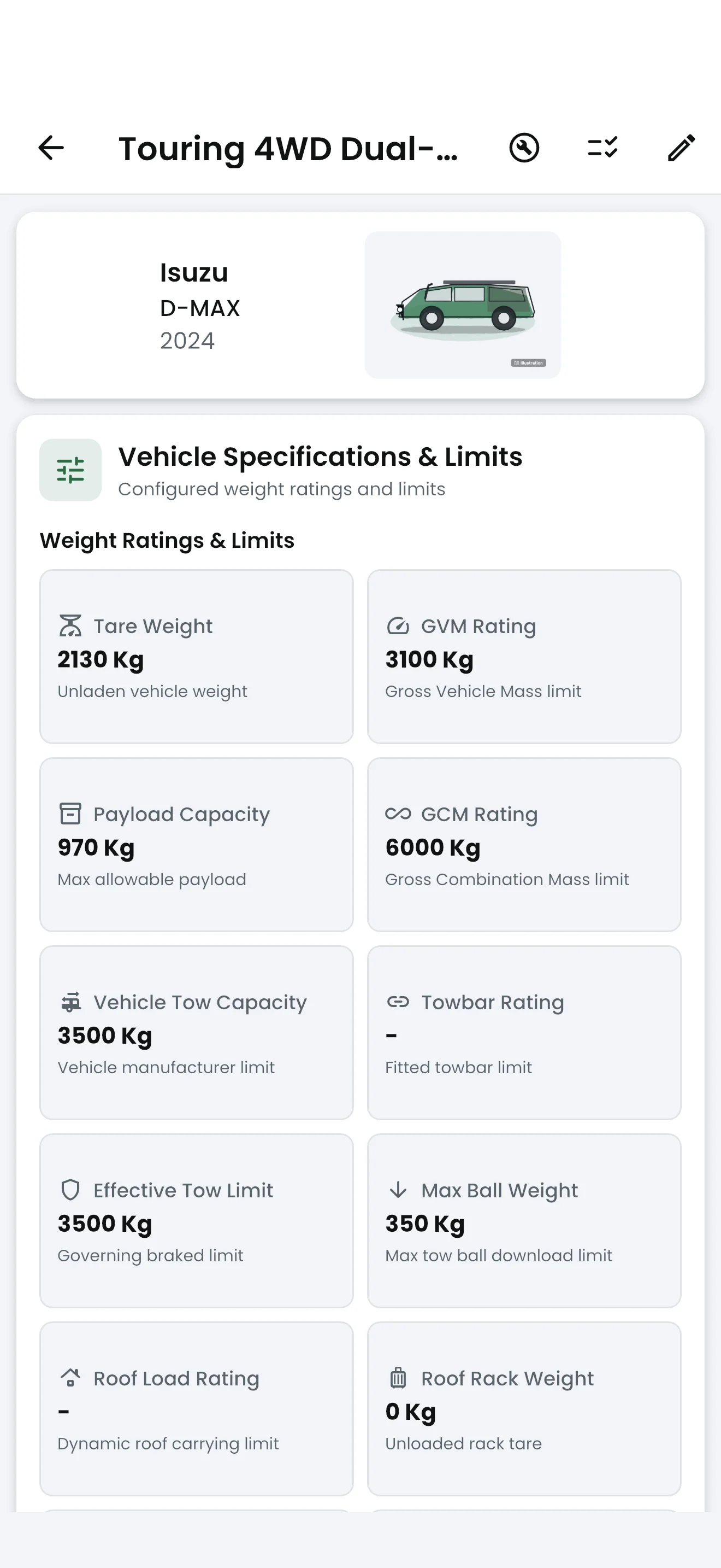 Vehicle and tow placard specifications screen