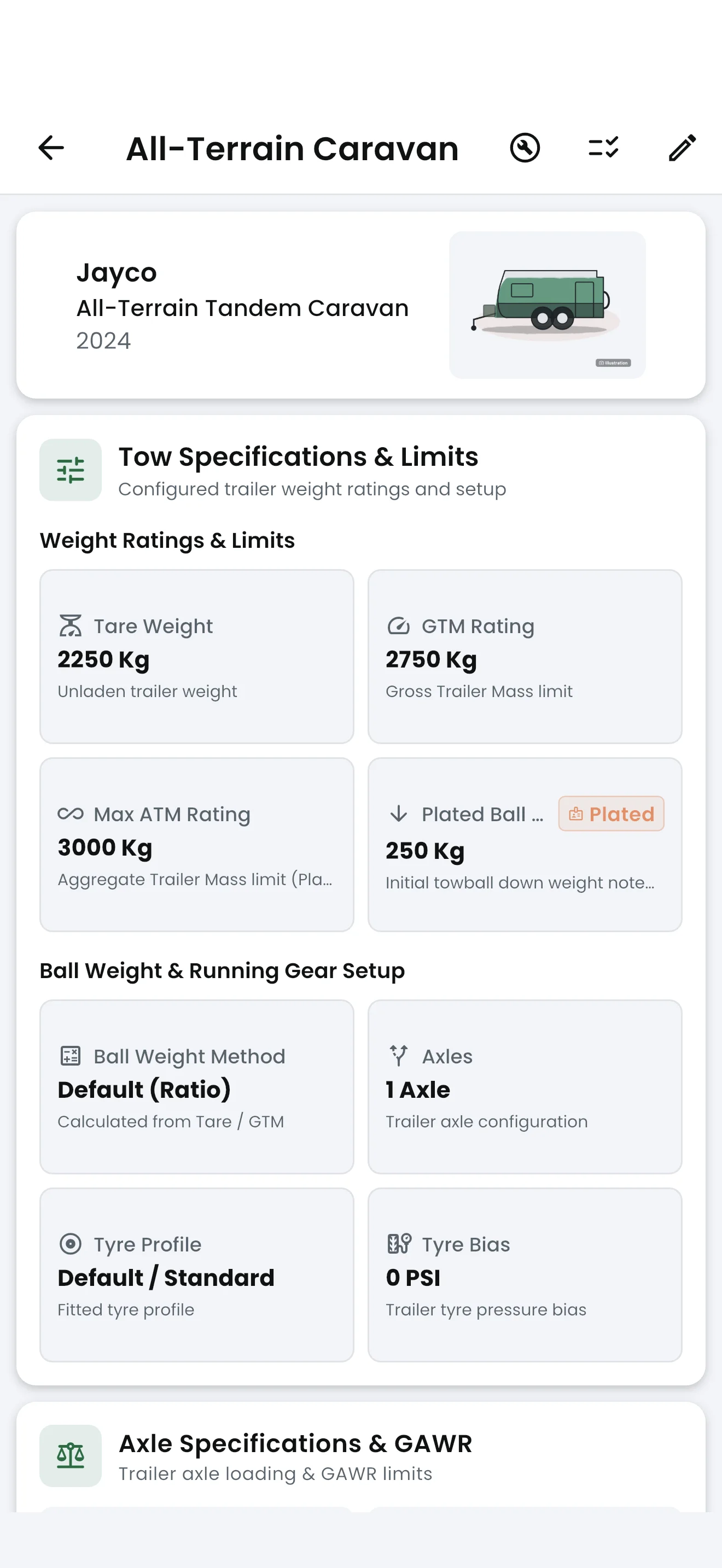 Tow setup specifications and axle loading screen
